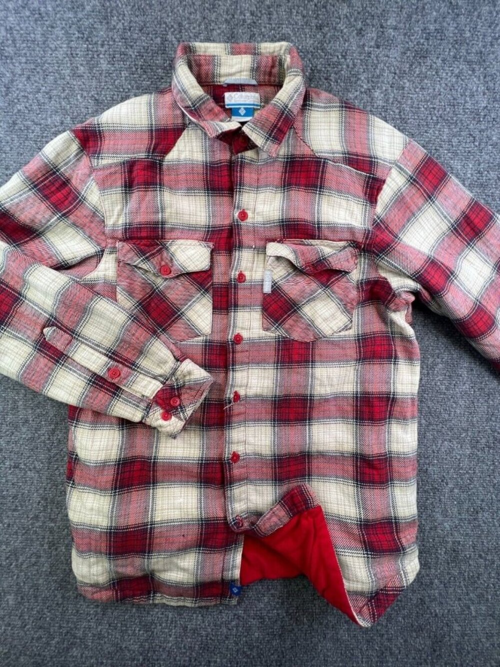 Columbia Button Up Shirt Mens Small Flannel Long Sleeve Red Beige Plaid Lined
